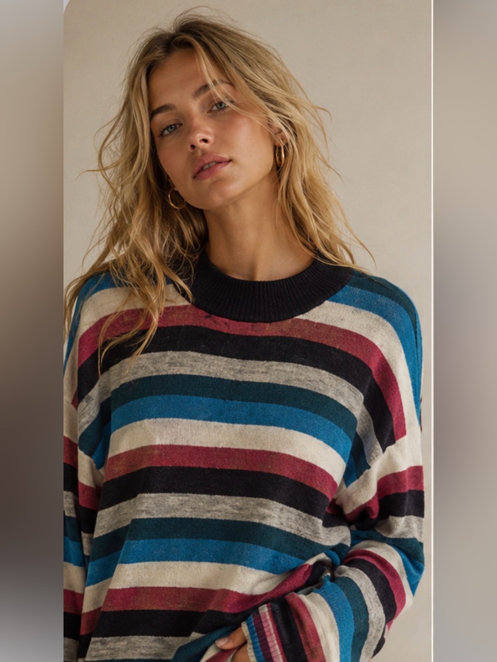 Striped Sweater Top Wool Poly Mix Beautiful XL X-Large oversized Basic Edition